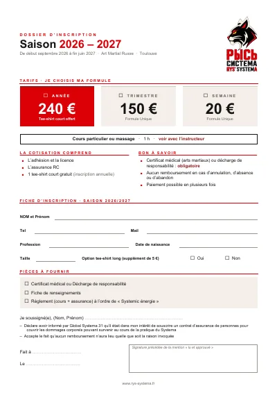 Aperçu du dossier d'inscription RYS' SYSTEMA 2026-2027